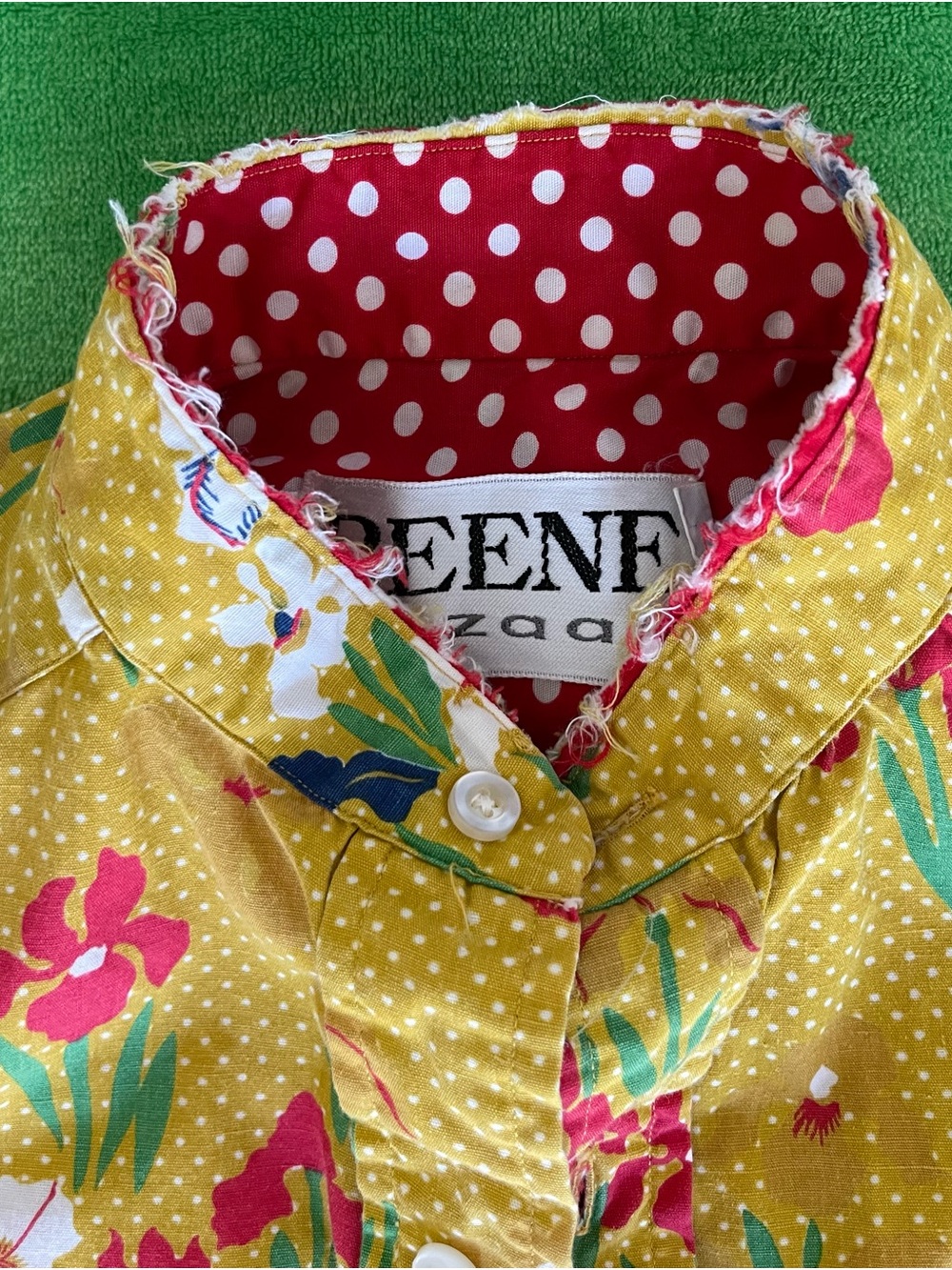 Beene Bazar Vintage Y2K Mustard Yellow Floral Polka Dots Button-Up Shirt - Picture 12 of 13